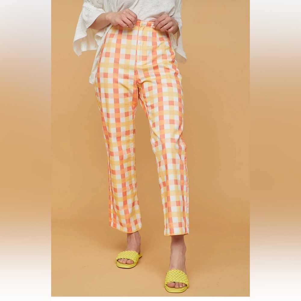 Free People She's All That Plaid High Waist Crop Pants Orange‎ Size 6 Cotton